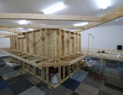 IMG 2769  Building more of the lower level benchwork around the center platform. I need to add wall support struts.